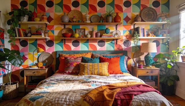 Bohemian colorful bedroom with geometric accent wall and layered textiles