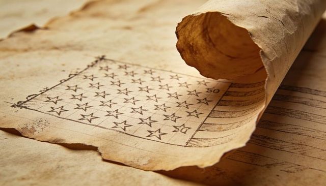 Antique vellum showing hand-drawn 50-star American flag sketch on weathered scroll