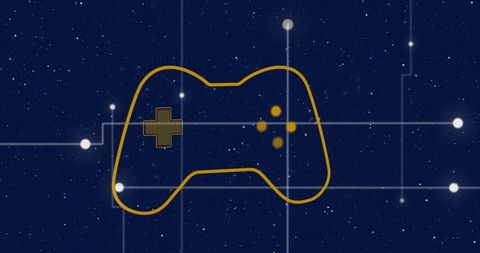 Futuristic yellow game controller on digital starfield