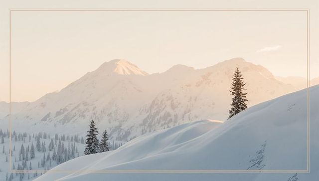 Solitary evergreen standing on sunlit snowy ridge with alpine peaks and winding tracks