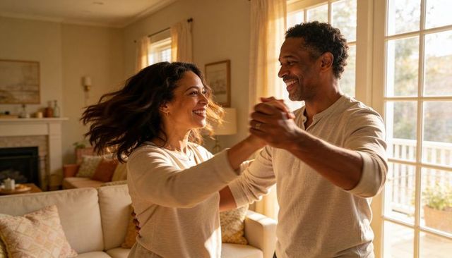 Sunlit living room couple dancing by glass doors, joyful romance and cozy home embrace