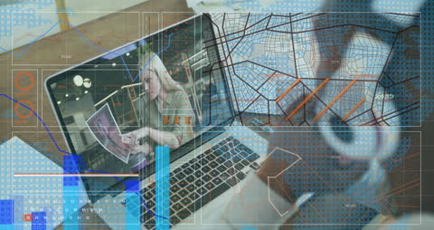 Global Connection via Video Call Amid Digital Overlay of Graphs and Maps