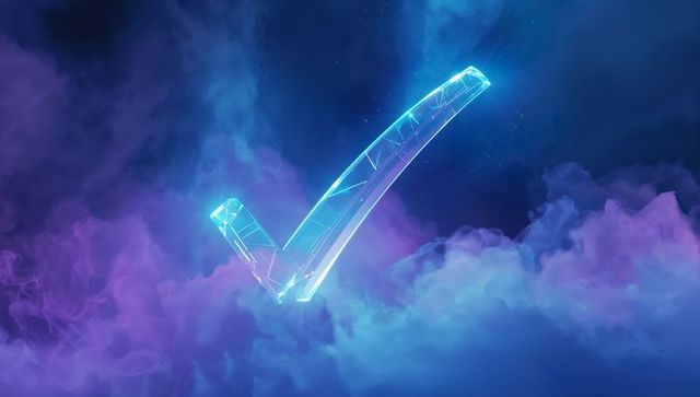 Futuristic Holographic Check Mark in Cosmic Clouds