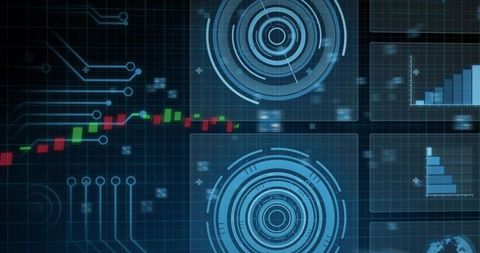 Futuristic financial dashboard showing HUD rings, candlestick chart and data on blue grid
