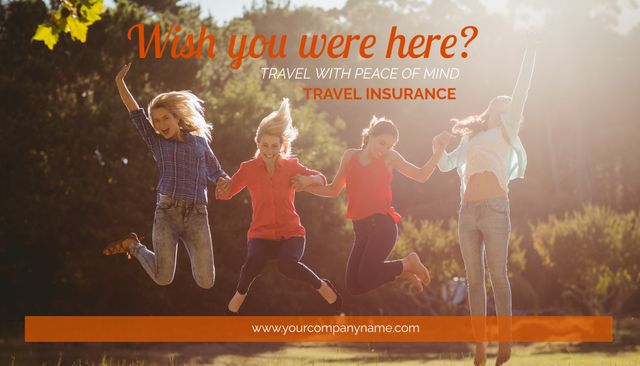 This vibrant and energetic visual is perfect for promoting travel insurance offering peace of mind. The scene of friends joyfully jumping outdoors conveys freedom, happiness, and carefree travel experiences. Ideal for use in advertisements, travel agency promotions, insurance company marketing materials, social media campaigns, and websites aiming to alleviate travel-related concerns.