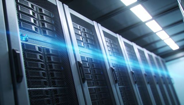 Server rack aisle with blue scan beam monitoring high-performance data center infrastructure