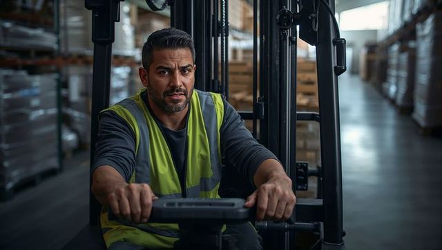 Forklift operator driving through warehouse wearing high-visibility vest near pallets
