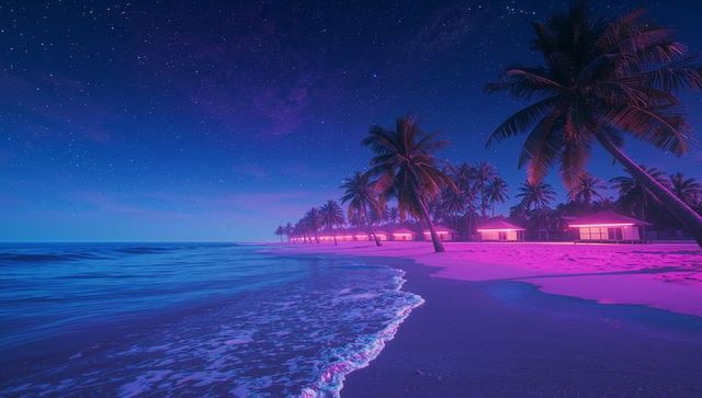 Neon Glow of Tropical Paradise with Starry Sky and Palm Trees