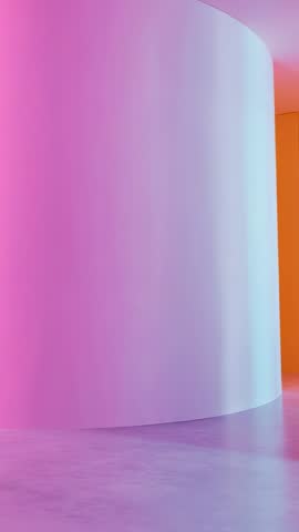 Vertical ambient architecture video featuring curved wall bathed in magenta, cyan and orange light