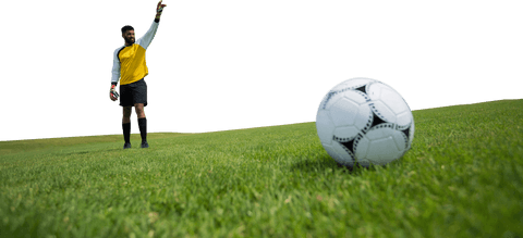Soccer player in action with football on transparent background