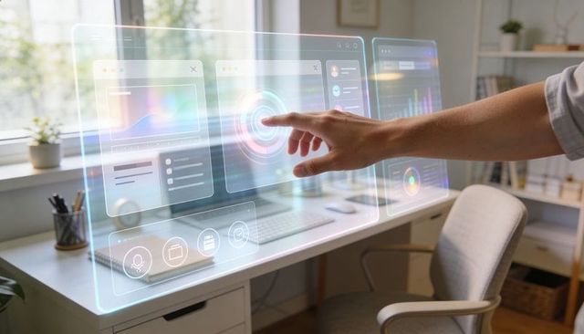 Right Hand Tapping Holographic Dashboard Over Home Office Desk Showing Futuristic UI