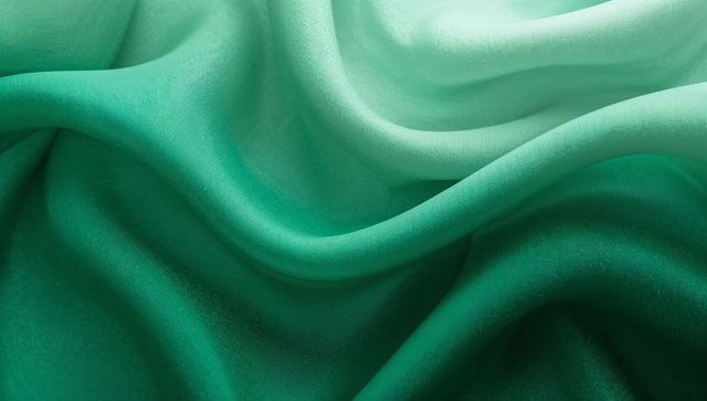 Draped green satin fabric with soft ombre folds and smooth sheen
