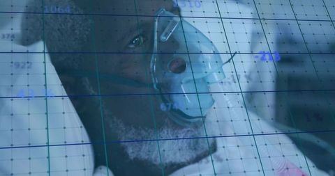 Reclining Senior Patient Wearing Oxygen Mask With Telemetry Data Overlay for Hospital Monitoring