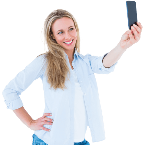 Transparent Selfie Smiling Blonde Holding Smartphone - Download Free Stock Videos Pikwizard.com