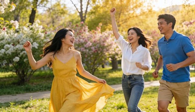 Young friends running and laughing through blooming park in golden spring sunlight
