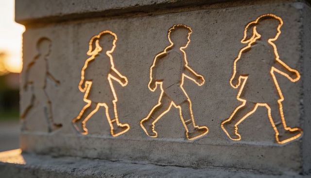 Backlit walking children cutouts glowing in concrete panel at sunset, playful public art