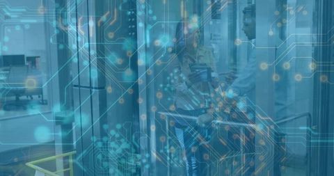 IT Professionals Inspecting Servers with Digital Circuit Overlay