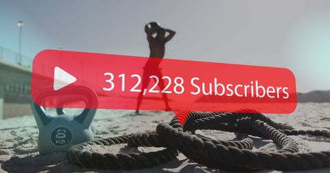 Subscriber Count Overlay with Man Exercising on Beach