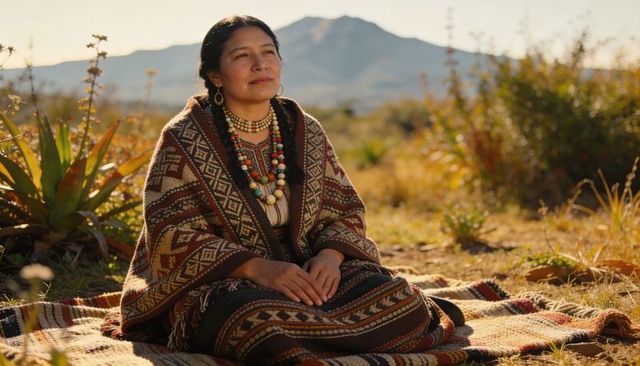 Sitting woman wearing woven poncho and layered bead necklaces on sunlit mountain plain