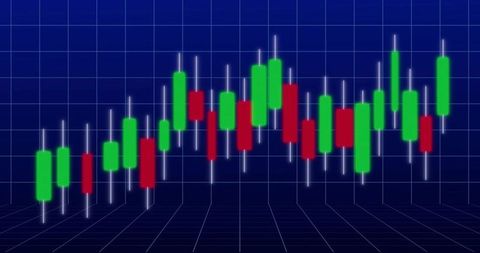 Neon candlestick chart displaying green red bars with glowing wicks on 3d grid