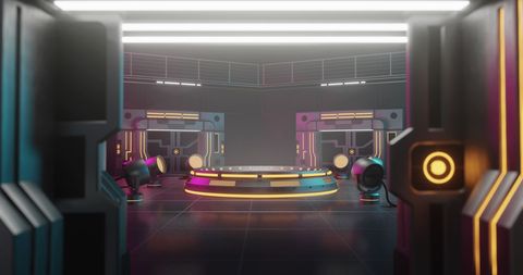 Futuristic Neon Gaming Stage with Spinning Spotlights
