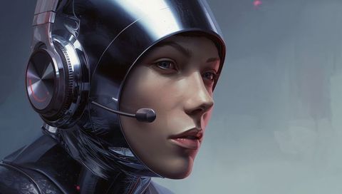 Futuristic female pilot wearing glossy helmet and boom mic close-up reflective suit