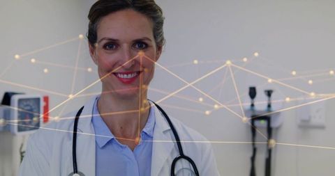 Smiling female physician in clinic with stethoscope and digital health network visualization