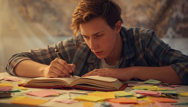 Teen in Plaid Shirt Writing in Journal at Study Desk