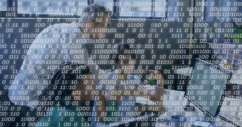 Binary Code Overlay with Team Collaboration in Office - Download Free Stock Images Pikwizard.com