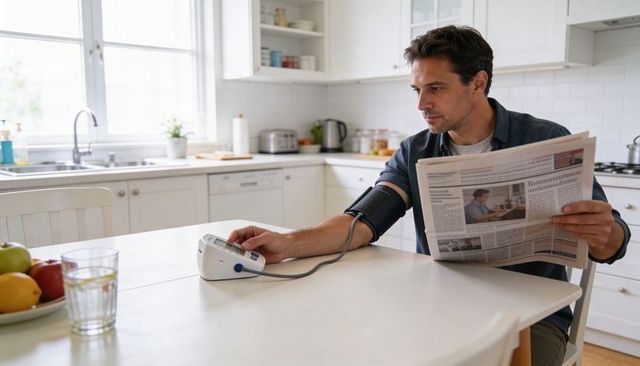 Reading while checking blood pressure at kitchen table, morning wellness routine