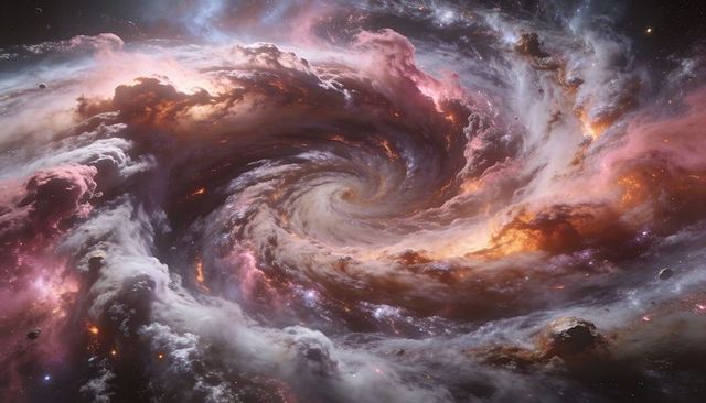 Swirling cosmic vortex nebula with luminous dust lanes and starfield