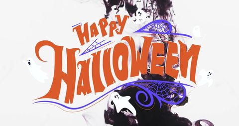 Festive halloween greeting with artistic ghosts and webs