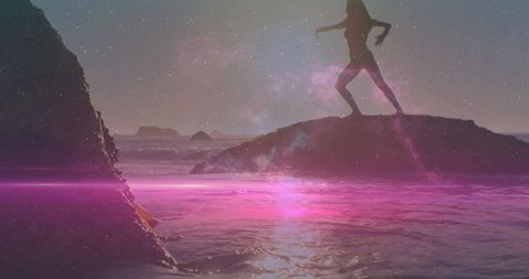 Silhouette striking pose on rocky shore with magenta neon flare and cosmic seascape