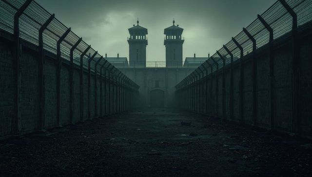 Misty Abandoned Prison Corridor with Twin Guard Towers
