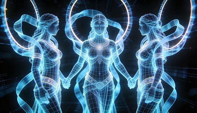 Holographic goddess trio holding hands neon wireframe ritual in virtual void