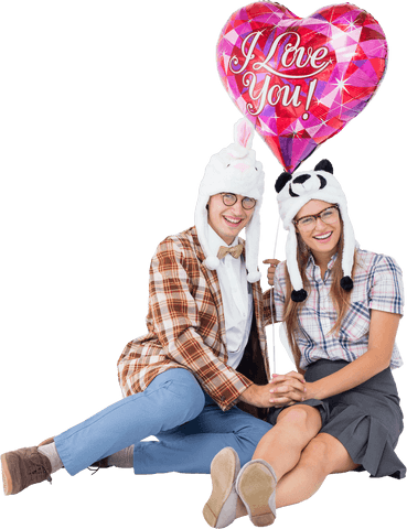 Transparent Geeky Couple Holding Romantic Balloon