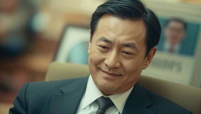 Confident executive in office, wearing suit and tie