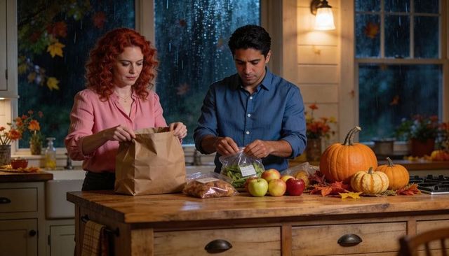 Couple packing groceries on rustic kitchen island during rainy autumn evening