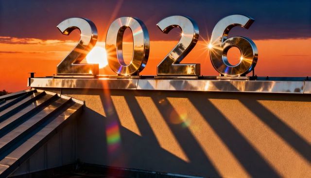 2026 chrome numbers glinting on rooftop at sunset casting long shadows