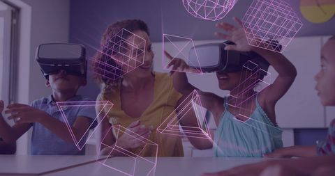 Students using virtual reality headsets with teacher in interactive classroom