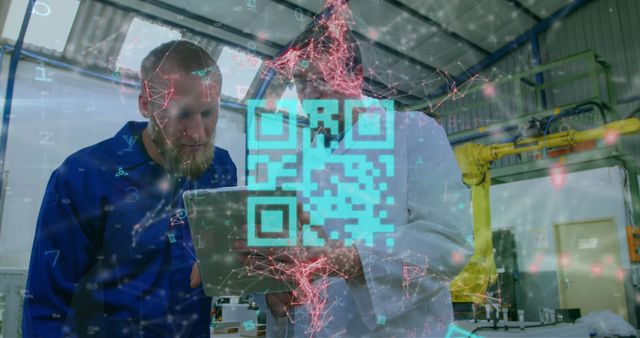 Image of digital interface with QR code, a network of connections and cybercrime warning over two men using a tablet in factory. Global digital network industrial crime concept digital composite.