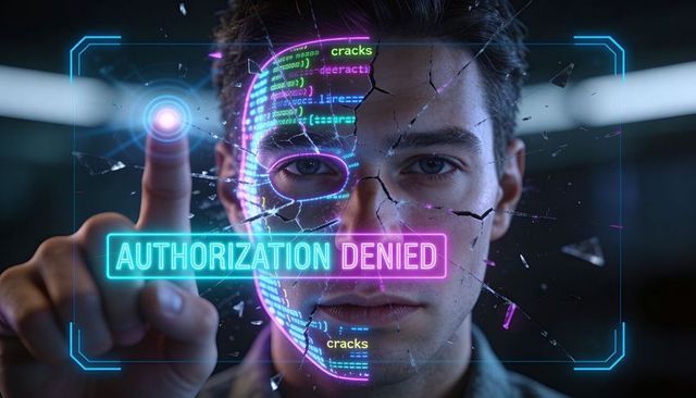 Authorization denied holographic facial scan breaking through fractured neon interface