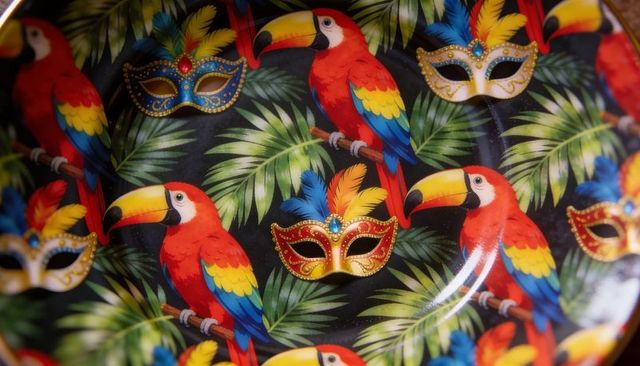 Glossy tropical bowl featuring red macaws and ornate gold masquerade masks on palm leaves