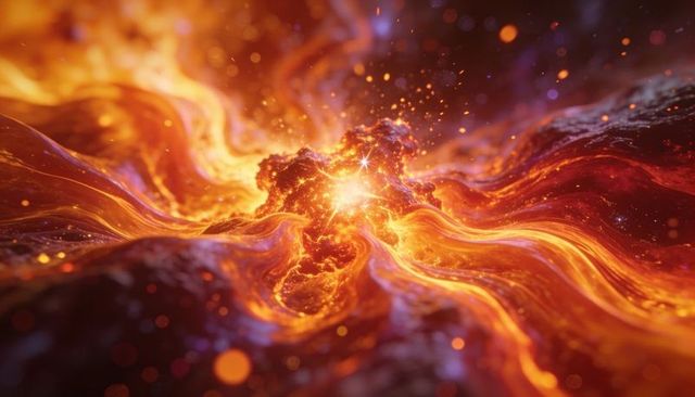 Fiery cosmic core emitting molten plasma ribbons in vibrant abstract nebula