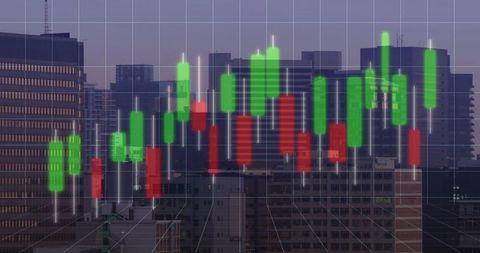 Urban Financial Market Trends with Candlestick Overlay
