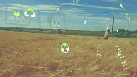 Mature Man in Wheat Field with Eco Technology Icons Overlay