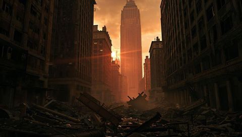 Sunlit Skyscraper Surrounded by Ruined Urban Desert