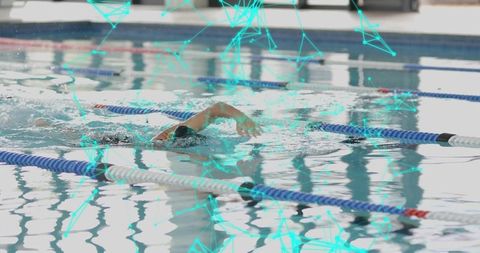 Swimmer in Motion with Teal Digital Network Overlay in Indoor Pool