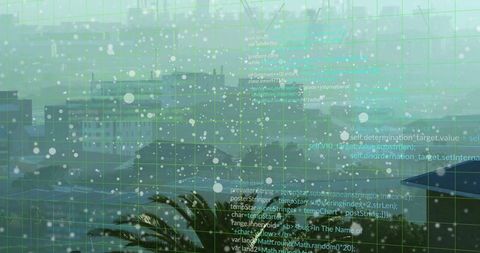 Futuristic Urban Skyline with Code Overlay in Misty Weather