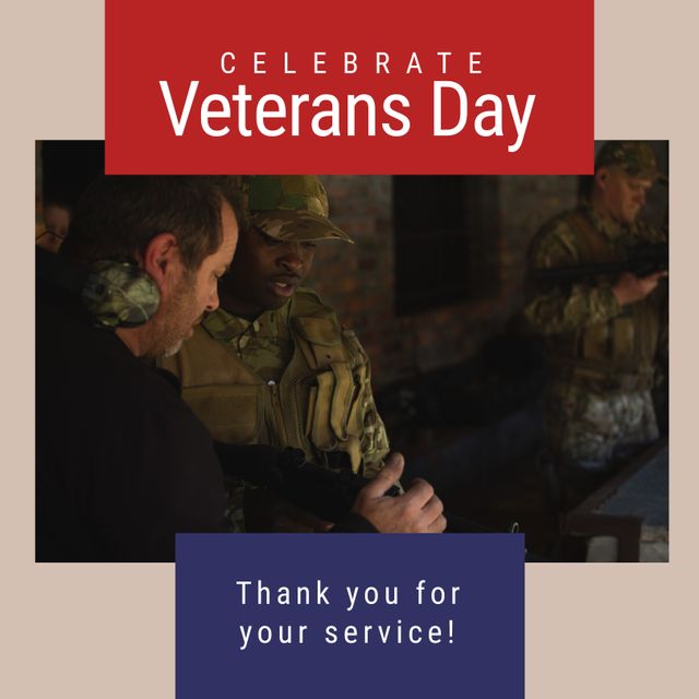 Useful for promotional materials, social media campaigns, and advertisements for Veterans Day. Highlights the diversity and dedication of soldiers in training, making it ideal for messages of gratitude and national pride.